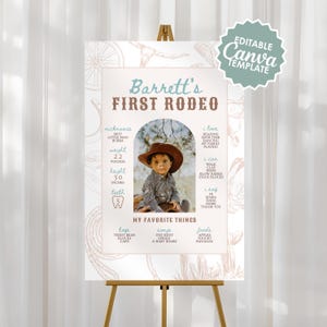 May include: A light beige poster on a wooden easel, featuring the text "Barrett's First Rodeo." The poster includes a photo of a child wearing a cowboy hat, along with details about the child's weight, height (30 inches), and favorite things.