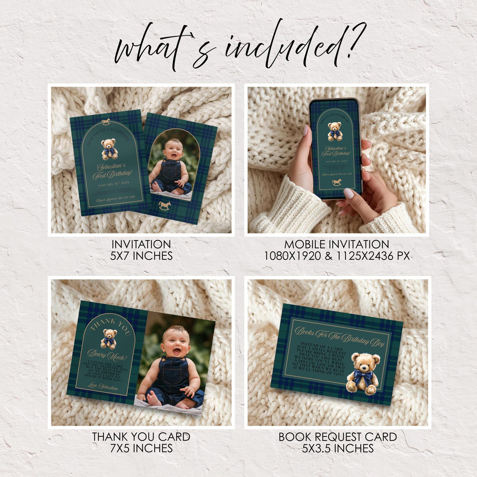 Tartan Plaid Teddy Bear First Birthday Complete Bundle | Editable Canva ...