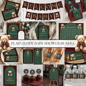 Könnte beinhalten: Eine Sammlung von Babyparty-Dekorationen mit einem karierten Teddybären-Thema. Enthält Einladungen, Banner, Cupcake-Topper, Geschenkanhänger und Wasserflaschenetiketten. Das Farbschema umfasst rote, grüne und goldene Akzente.