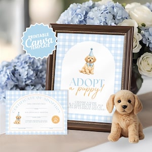 Gingham One Golden Year Adopt A Puppy Sign | Editable Canva Template (Digital Download) GY01