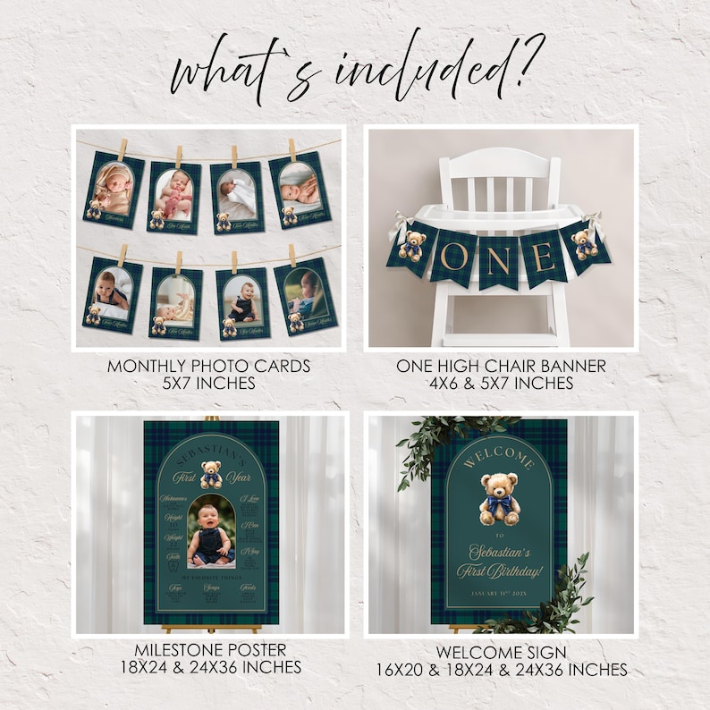 Tartan Plaid Teddy Bear First Birthday Complete Bundle | Editable Canva ...