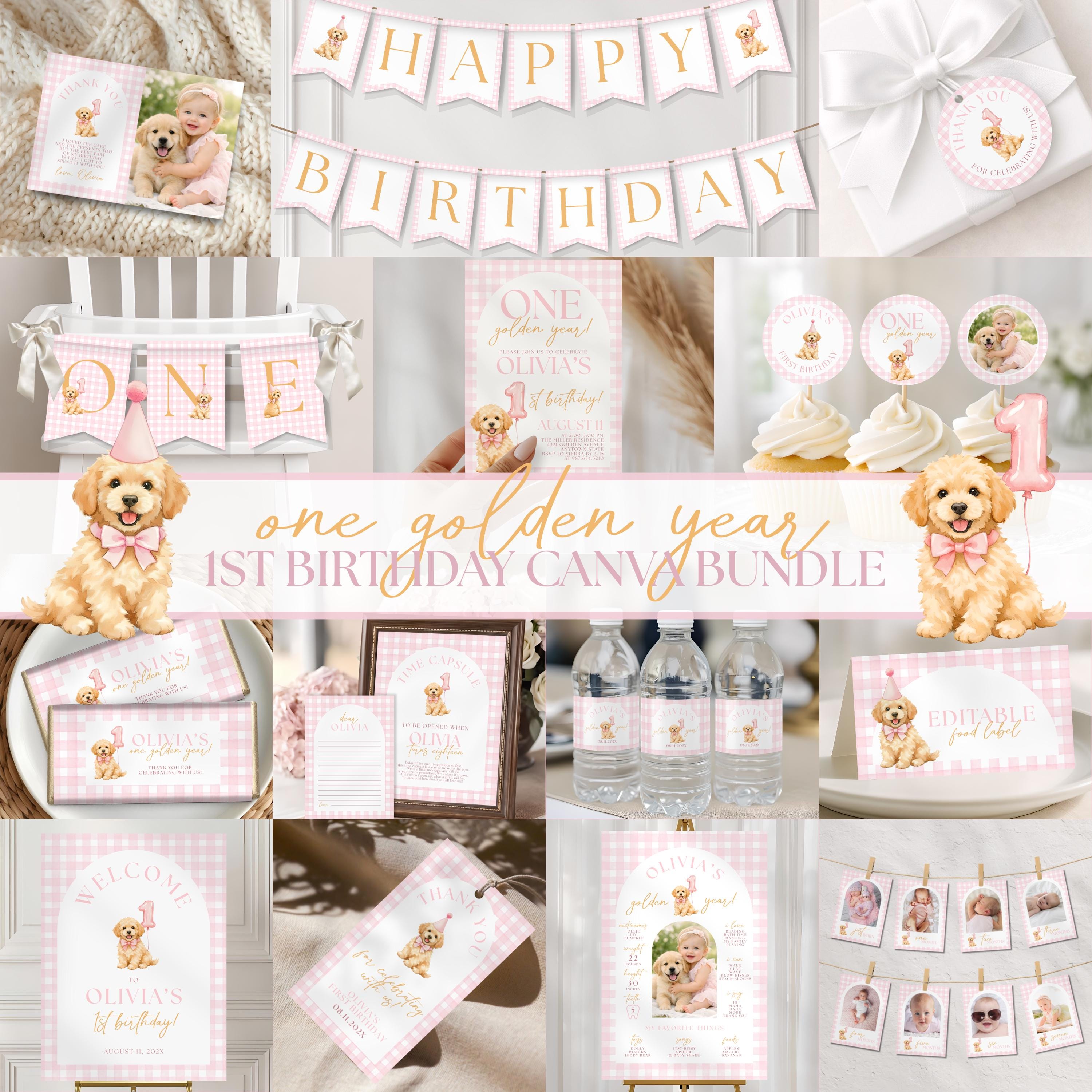 Gingham One Golden Year First Birthday Complete Bundle | Editable Canva ...