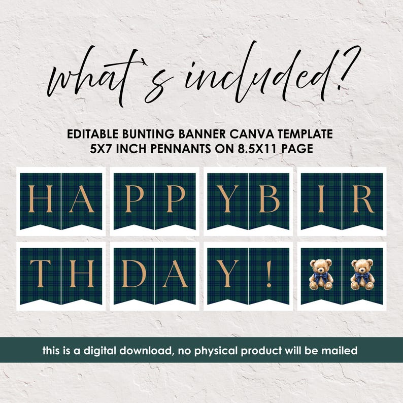Plaid Teddy Bear Happy Birthday Banner | Printable Canva Template ...