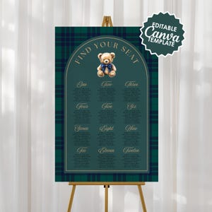 Plaid Teddy Bear Seating Chart Sign | Editable Canva Template (Digital Download) PT01 PT03