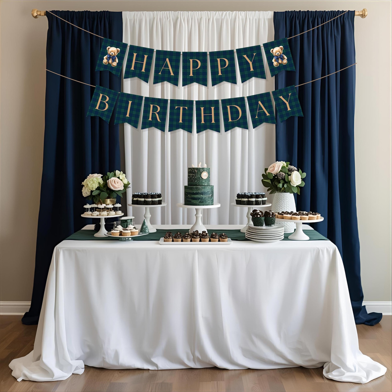 Plaid Teddy Bear Happy Birthday Banner | Printable Canva Template ...
