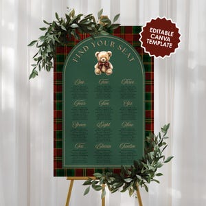 May include: A green seating chart with a teddy bear illustration and the text "FIND YOUR SEAT." The chart has a plaid background and gold lettering. The words "EDITABLE CANVA TEMPLATE" are also visible.