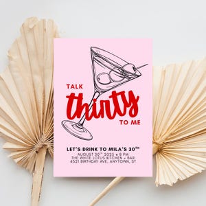30th Birthday Invitation | Talk 30 To Me | Editable Canva Template | Digital Download | Printable Invitation | Pink & Red Martini Invite
