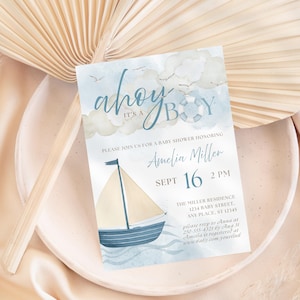 Ahoy Its A Boy Baby Shower Invitation: Nautical Sailor Editable Canva Template (Digital Download)