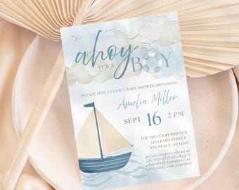 May include: Baby shower invitation with a nautical theme. The invitation features a sailboat illustration, the text "ahoy it's a boy", and event details including the name Amelia Miller, date, time, and location.