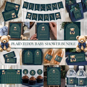 Peut inclure: Ensemble de décorations et de papeterie pour une baby shower sur le thème de l'ours en peluche à carreaux. Comprend des invitations, des bannières, des boîtes cadeaux, des étiquettes de bouteilles d'eau et des cupcakes. Le code couleur est bleu marine, or et vert.
