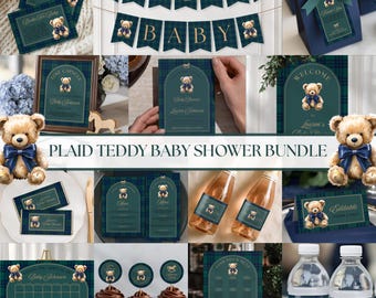 May include: A collection of baby shower decorations and stationery with a plaid teddy bear theme. Includes invitations, banners, gift boxes, water bottle labels, and cupcakes. The color scheme is navy blue, gold, and green.