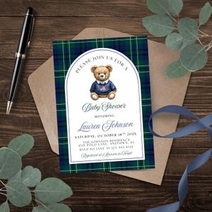 Tartan Plaid Bear Baby Shower Invitation | Polo Teddy Invite | Preppy Teddy Bear Shower | Editable Canva Template | Printable Invitation