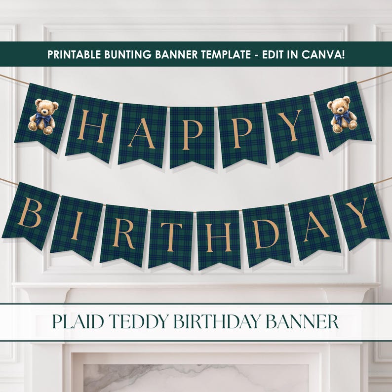 Plaid Teddy Bear Happy Birthday Banner | Printable Canva Template ...