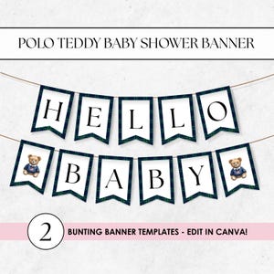 Banner de osito de peluche a cuadros para baby shower: Plantilla de Canva imprimible y editable (descarga digital)