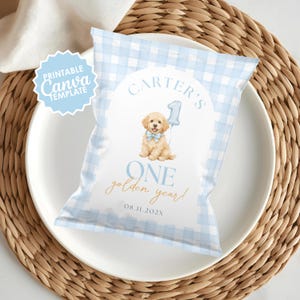May include: A light blue and white gingham-patterned party favor bag. The bag features a cartoon illustration of a golden doodle puppy holding a number one balloon. Text on the bag reads "Carter's 1 golden year!" and "08.11.202X".