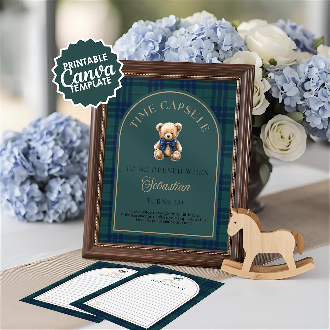 Time Capsule Plaid Teddy Bear First Birthday Sign | Editable Canva ...