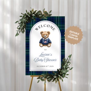 Letrero de bienvenida para baby shower con osito de peluche a cuadros: Plantilla editable de Canva (descarga digital)