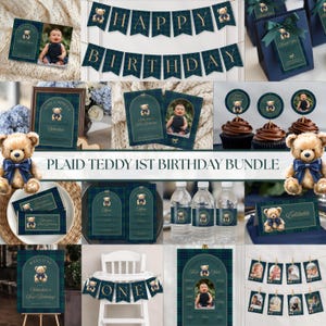 Peut inclure: Ensemble de fournitures de fête sur le thème de l'ours en peluche à carreaux. Comprend des invitations, des bannières, des décorations de cupcakes et des étiquettes de bouteilles d'eau. Le texte "Plaid Teddy 1st Birthday Bundle" est affiché.
