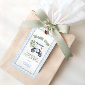 May include: A rectangular gift tag with a light blue gingham border, featuring a golf cart illustration, green balloons, and the text: THANK YOU! FOR SWINGING BY AND CELEBRATING MY BIRTHDAY PAR-TEE! LOVE, THEO. The tag is tied with a sage green ribbon.