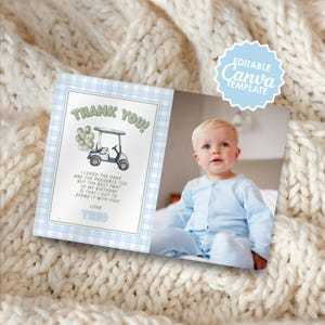 May include: A rectangular thank you card featuring a light blue gingham border, a watercolor illustration of a golf cart with balloons, and the text: THANK YOU! I LOVED THE CAKE AND THE PRESENTS TOO BUT THE BEST PART OF MY BIRTHDAY IS THAT I GOT TO SPEND IT WITH YOU! LOVE, THEO. A photo of a toddler is included.