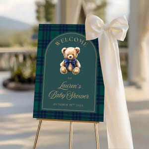 Preppy Plaid Teddy Bear Baby Shower Welcome Sign | Editable Canva Template (Digital Download) PT01