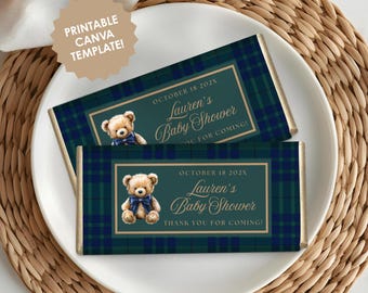 Plaid Teddy Bear Chocolate Bar Wrappers | Printable Canva Template (Digital Download)