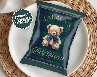 Modello stampabile per sacchetti di patatine a forma di orsacchiotto per baby shower / Canva (download digitale) PT01