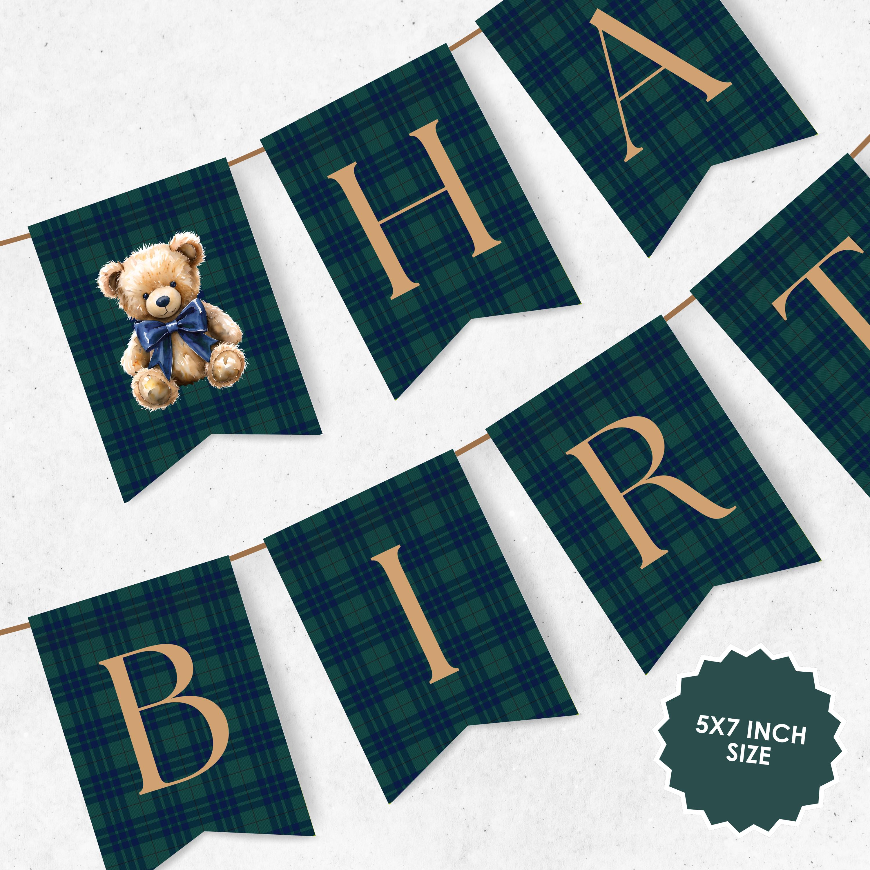 Plaid Teddy Bear Happy Birthday Banner | Printable Canva Template ...