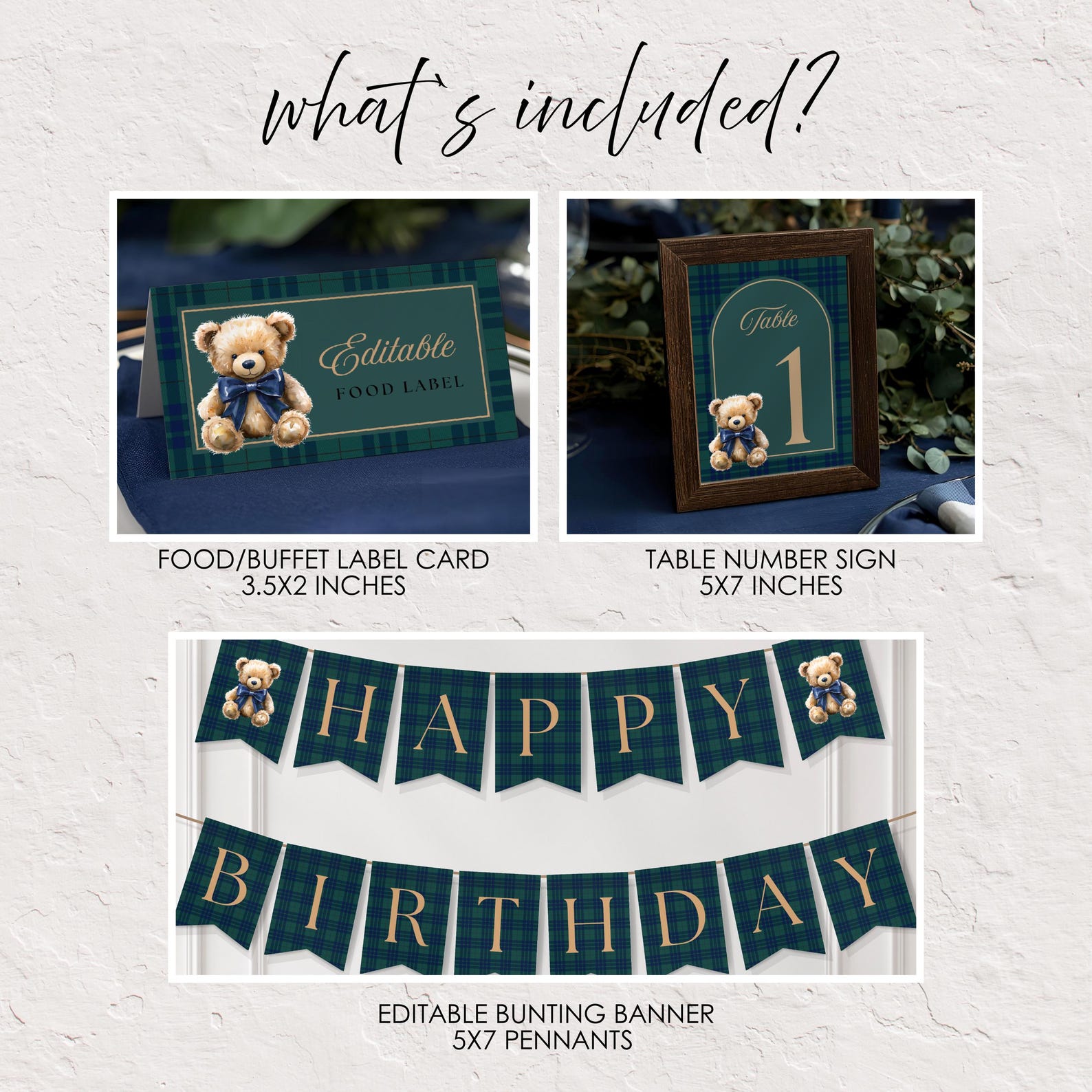Tartan Plaid Teddy Bear First Birthday Complete Bundle | Editable Canva ...