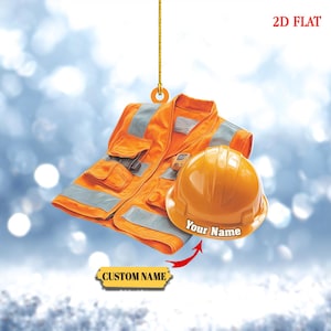 Personalisierte Bauarbeiter 2D Flach Ornament, benutzerdefinierte Name Schutzhelm Weste Weihnachtsgeschenk, Sicherheitsausrüstung Handwerker Dekor