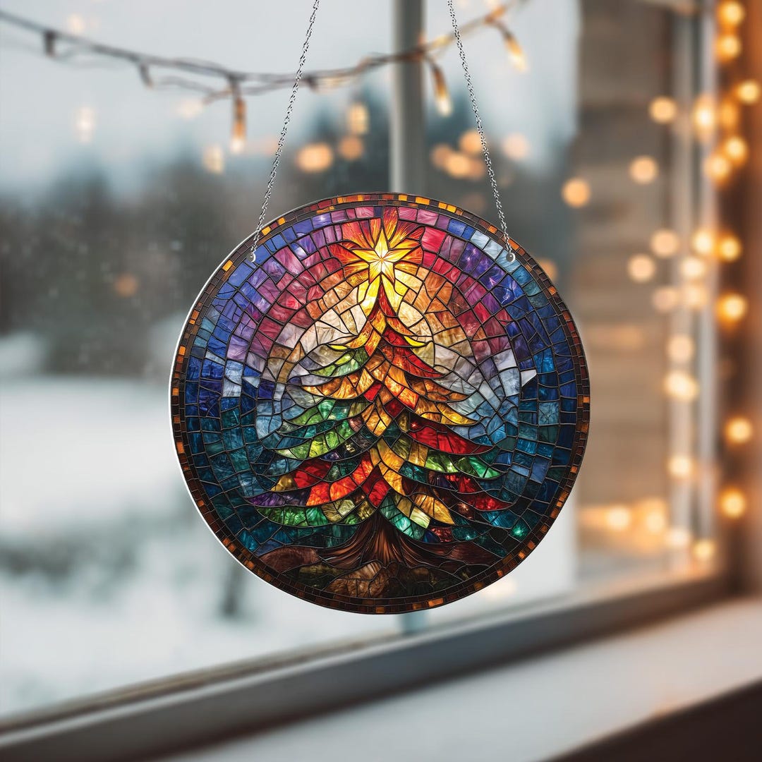 Christmas Tree Faux Glass Suncatcher, Rainbow Holiday Window Hanging ...