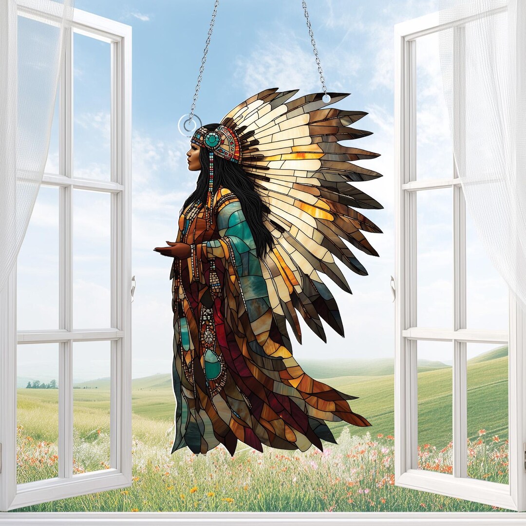 Native American Woman ACYLIC Window Hanging Suncatcher, Dreamcatcher ...
