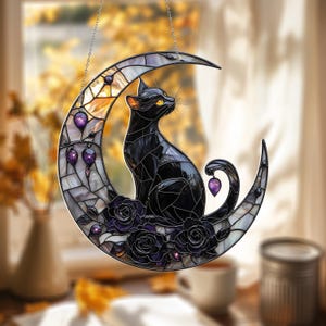 Black Cat On The Moon Suncatcher: Acrylic Window Hanging Decor