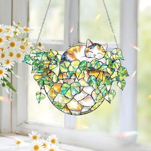 Cat Suncatcher: Holographic Acrylic Window Hanging, Plant Decor
