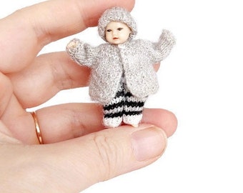 Dollhouse Miniature Baby Cardigan, Pants and Hat