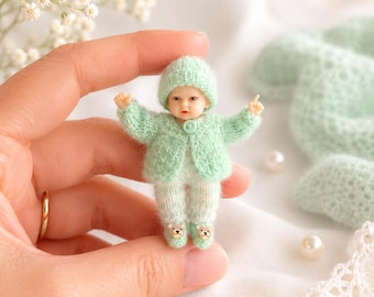 Handmade Dollhouse Miniature Knitted Baby Clothes: 1/12th Scale Cardigan, Pants, and Hat Set
