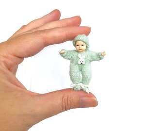 Too Cute to Resist! Bunny Baby Ensemble - Jumpsuit and Hat for your Dollhouse Miniature