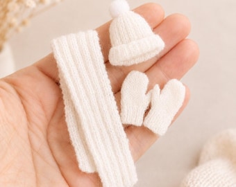 Hand-Knitted Dollhouse Miniature Hat Scarf Mittens Set | 1:12 Scale Winter Accessories