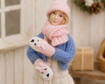 Hand-Knitted Wool Mittens – Bunny Design, 1/12 Scale Dollhouse Accessory (Mini Gloves and Hat)