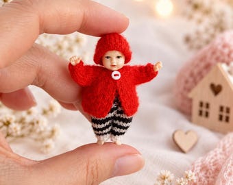 Handmade Dollhouse Miniature Knitted Baby Clothes: 1/12th Scale Cardigan, Pants, and Hat Set