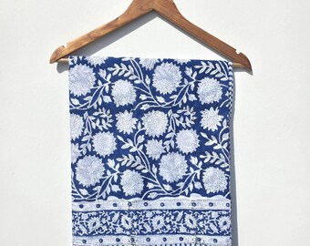 Blue And White Hand Block Print Cotton Sarong Boho Beach Wrap, Soft Voile
