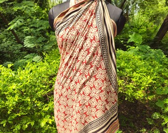 Hand Block Print Cotton Sarong: Beach Cover Up Scarf