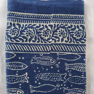 Hand Block Printed Cotton Sarong: Indigo Fish Beach Coverup