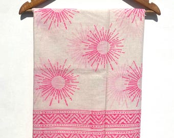 Hand Block Printed Cotton Sarong: Bohemian Pink Floral Beach Wrap