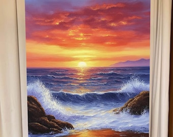 Sunset Ocean Wave Painting | Seascape Oil Style Wall Art | Coastal Home Decor