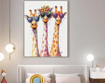 キリンファミリーアート、気まぐれなアクリルキリン絵画、自宅