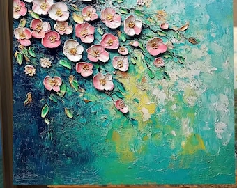 Könnte beinhalten: Quadratisches Leinwandgemälde mit strukturierten, erhabenen Blüten in Rosa und Weiß mit goldenen Zentren. Die Blumen sind vor einem Hintergrund aus türkisen, grünen und gelben Pinselstrichen angeordnet, was eine lebendige Blumenkomposition ergibt.