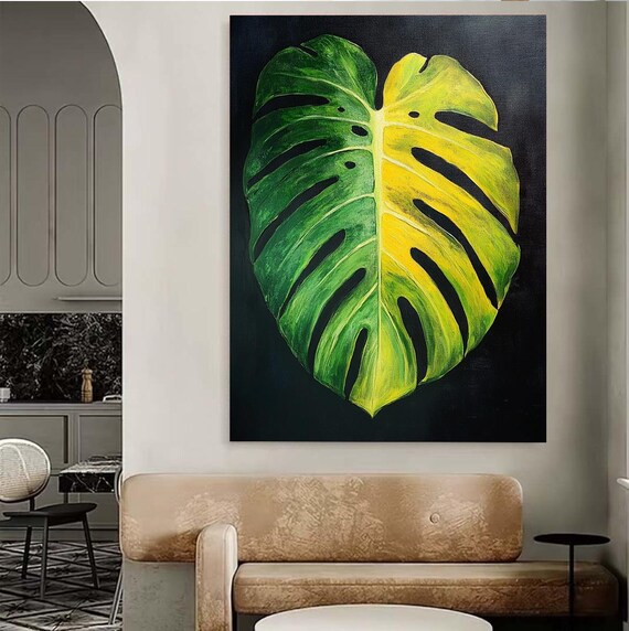 Monstera Blatt Kunst, Druck auf Leinwand, Tropisches Grn & Gelb - Etsy  sterreich