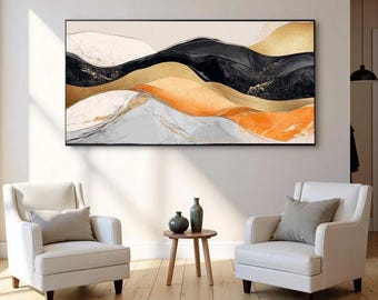 Mid Century Modern Abstrakte Kunst, Schwarz Gold Orange Leinwand, Retro Wohnzimmer Dekor