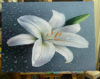 オリジナルの白いユリの油絵、露のしずくが付いたリアルな花、開いてい